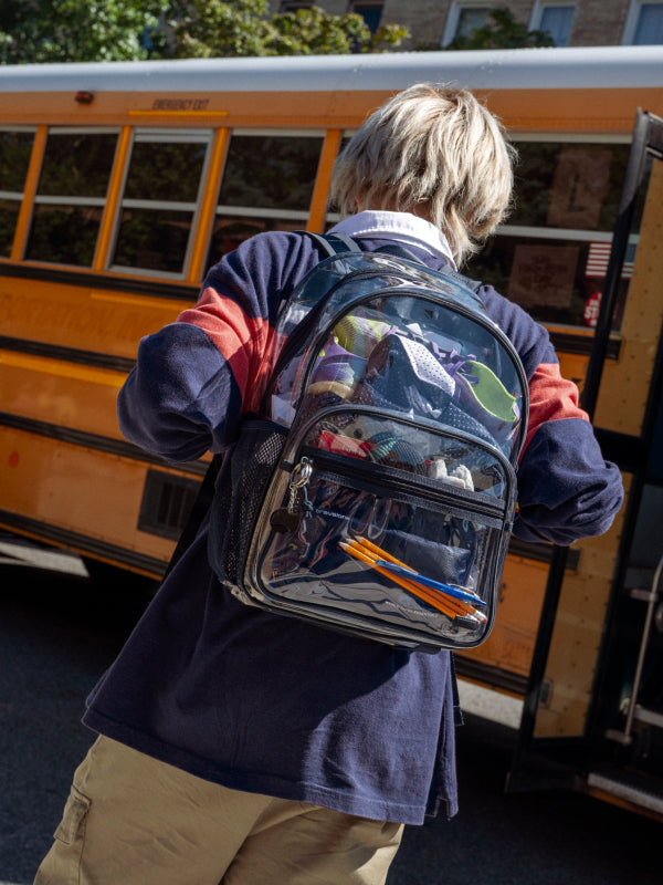 Clear school backpack in use
